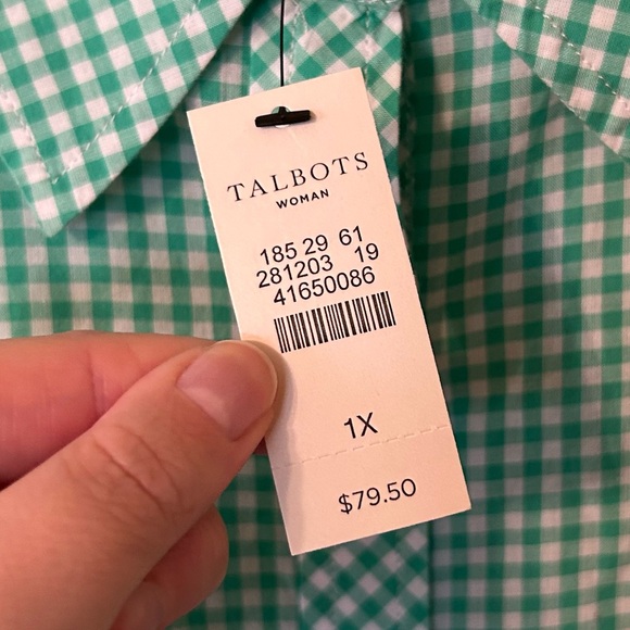 NWT Talbots Amazon Moss Green & White Gingham Roll Tab Sleeve Button Up Shirt 1X - Picture 3 of 5
